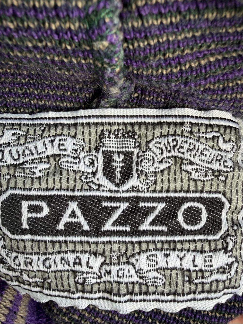 VTG 90s PAZZO Hooded Baja Sweater Purple Green Oatmeal Striped Skater Streetwear